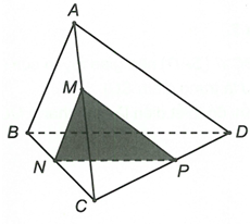 Cho tứ diện ABCD, điểm M thuộc đoạn AC. Mặt phẳng (anpha) qua M song song với AB và AD. (ảnh 1)