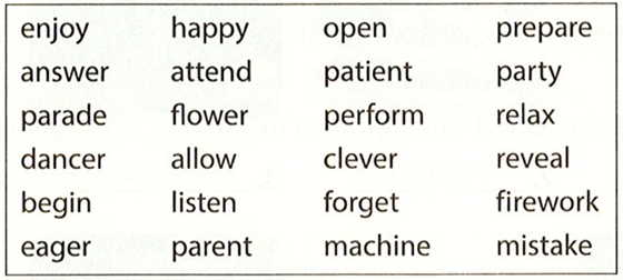 Write the words given in the box in the correct columns  enjoy happy open prepare  (ảnh 1)
