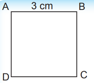 Cho hình vuông ABCD, có cạnh AB = 3cm Chu vi hình vuông ABCD  (ảnh 1)