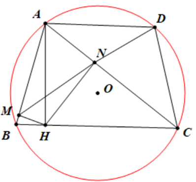 Cho tam giác ABC có ba góc nhọn, nội tiếp đường tròn tâm O. Kẻ đường cao AH. Từ điểm H kẻ HM vuông góc với AB (M  AB) và HN vuông góc với AC .  (ảnh 1)