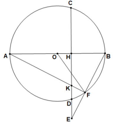 Cho đường tròn tâm O đường kính AB, vẽ dây CD vuông góc với AB tại H (H nằm giữa O và B). Trên tia CD lấy điểm E nằm ngoài đường tròn, EB cắt đường tròn tại F (F khác B), AF cắt CD tại K. a) Chứng minh tứ giác BFKH nội tiếp. b) Chứng minh AB.BH = EB.BF c) Cho biết AB = 6 cm, AF = 5 cm. Tính diện tích hình quạt tròn BOF ứng với cung nhỏ BF của đường tròn (O) (kết quả làm tròn đến chữ số thập phân thứ nhất). (ảnh 1)