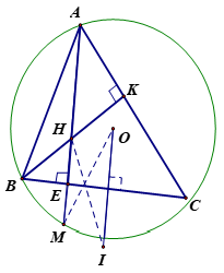 Cho tam giác ABC có ba góc nhọn, nội tiếp đường tròn (C) tâm O bán kính R. Hai đường cao AE (ảnh 1)
