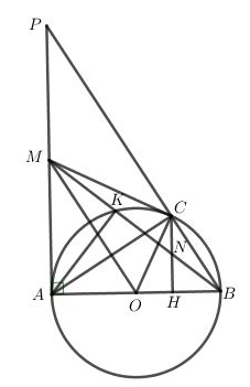 Cho đường tròn tâm O, đường kính AB. Trên tiếp tuyến của đường tròn (O) tại A lấy điểm M (ảnh 1)