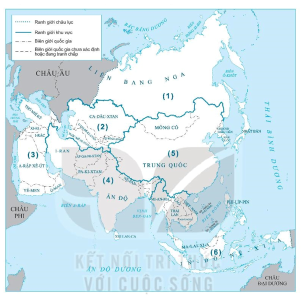 Xác định tên của các khu vực của châu Á được đánh số trên bản đồ sau. (ảnh 1)
