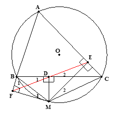 Cho tam giác ABC (AB<AC) nội tiếp đường tròn O. M là điểm nằm trên cung BC không chứa điểm A. Gọi D, E, F lần lượt là hình chiếu của M trên BC, CA, AB. (ảnh 1)