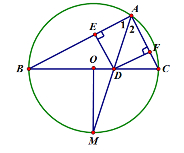 Cho đường tròn tâm O, bán kính R, đường kính BC. Gọi A là một điểm thuộc đường tròn (A khác B và C). (ảnh 1)