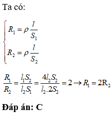 Hai dây dẫn bằng nhôm có chiều dài, tiết diện và điện trở tương ứng là l1, S1, R1 và l2, S2, R2. Biết l1 = 4l2 và (ảnh 1)