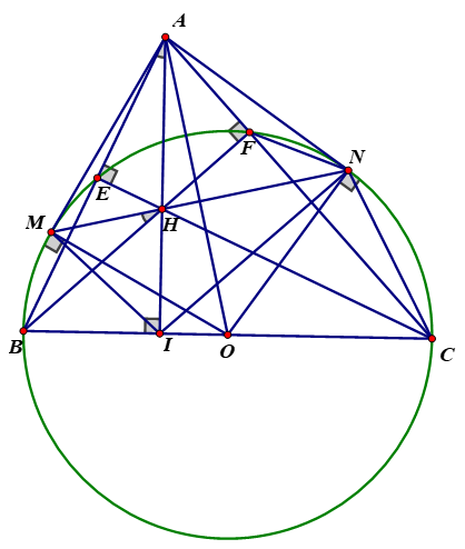Cho tam giác ABC (AB<AC) có ba góc nhọn. Đường tròn tâm O đường kính BC cắt các cạnh AB, AC theo thứ tự tại E, F. (ảnh 1)