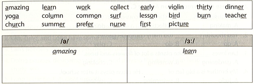 Write the words given in the box in the correct columns according to the pronunciation (ảnh 1)