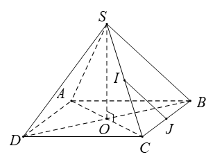 Cho hình chóp  S.ABCD có tất cả các cạnh đều bằng  a. Gọi  I và  J lần lượt là trung  điểm của  SC và SB . Số đo của góc (ảnh 1)
