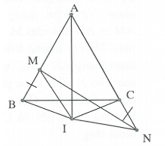 Cho tam giác ABC  có AB=AC . Lấy M thuộc cạnh AB; lấy N thuộc tia đối của tia CA sao cho CM=BM .  (ảnh 1)