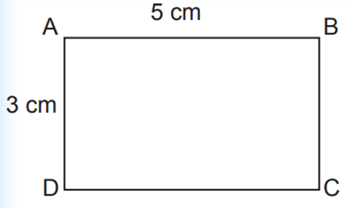 Cho hình chữ nhật ABCD, có chiều dài AB = 5 cm, chiều rộng AD = 3cm. (ảnh 1)