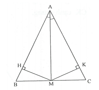 Cho tam giác ABC có M là trung điểm của BC, AM là tia phân giác góc A. Kẻ MH vuông góc với AB; MK vuông góc với AC.  (ảnh 1)