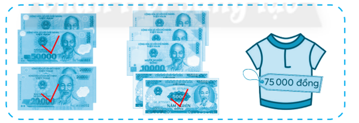 Đánh dấu (tích) vào các tờ tiền em chọn để có tổng số tiền vừa đúng với giá tiền mỗi đồ vật. 75 000 đồng (ảnh 2)