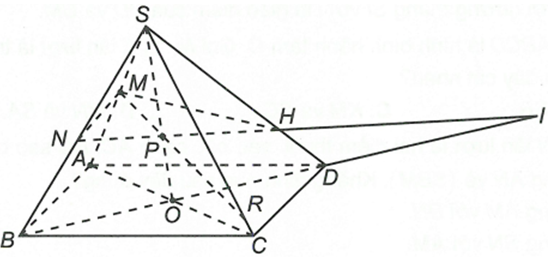 Cho hình chóp S.ABCD có đáy ABCD là hình bình hành. Gọi M, N lần lượt là trung điểm của SA, SB. a) Tìm giao điểm của NH và (ABCD) (ảnh 1)