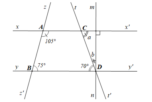 Cho các đường thẳng xx’, yy’, zz’, tt’ cắt nhau như hình vẽ dưới đây:   a) Vẽ lại hình (ảnh 2)