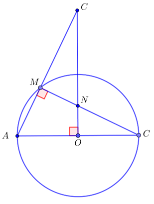 Cho đường tròn tâm O, đường kính AB=2R và điểm M nằm trên đường tròn (MA<MB). Đường thẳng vuông góc với AB tại O cắt BM tại N và cắt tia AM tại C (ảnh 1)