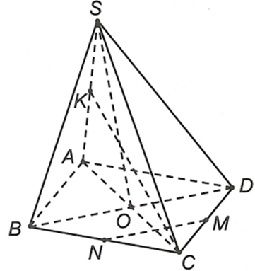 Cho hình chóp S.ABCD có đáy ABCD là hình bình hành tâm O. Gọi M, N, K lần lượt là trung điểm của CD, CB, SA. Cặp đường thẳng nào sau đây cắt nhau? (ảnh 1)