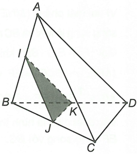 Cho tứ diện ABCD, gọi I;,J và K lần lượt là trung điểm của AB, BC và BD. Giao tuyến của hai mặt phẳng (ABD) và (IJK) là (ảnh 1)