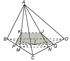 Cho tứ diện ABCD. Gọi I, J, K lần lượt là trọng tâm của các tam giác BCD, CDA, ABC. Dựng thiết diện của ABCD với mặt phẳng (IJK) (ảnh 1)