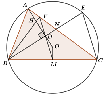 Cho tam giác ABC (AB<AC) có ba góc nhọn nội tiếp đường tròn (O) và D là hình chiếu vuông góc của B trên AO sao cho D nằm giữa A và D. (ảnh 1)