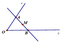 Vẽ góc xOy không bẹt và điểm M là điểm trong của góc đó. Qua M, vẽ một đường thẳng cắt hai cạnh của góc tại A và  B (ảnh 1)