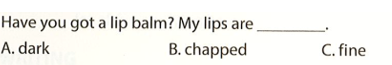 Have you got a lip balm? My líp are . A. dark B. chapped C. fine  (ảnh 1)