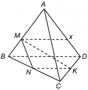 Cho tứ diện ABCD, gọi   (M không trùng với A, B). N và K lần lượt là trung điểm BC, CD. Giao tuyến của (ABD) và (MNK) là (ảnh 1)
