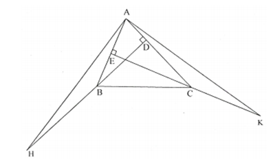Cho tam giác ABC nhọn. Kẻ BD vuông góc AC(D thouộc AC), CE vuôbg góc AB(E thuộc AB). Trên tia đối của tia BD lấy điểm H (ảnh 1)
