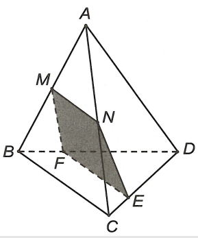 Cho tứ diện ABCD, gọi M và N lần lượt là trung điểm của AB và AC. E là điểm trên cạnh CD với ED = 3EC (ảnh 1)