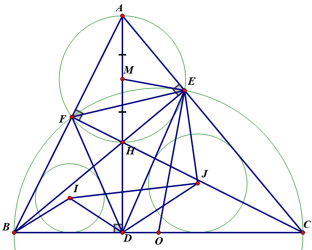 4) Gọi I và J lần lượt là tâm đường tròn nội tiếp hai tam giác BDF và EDC. Chứng minh góc DIJ=DFC (ảnh 1)
