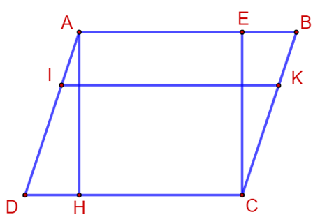 Cho hình tứ giác ABCD, vẽ đường thẳng qua A, vuông góc với CD, cắt CD tại H và đường thẳng qua C, vuông góc với AB, cắt AB tại E. Trên đoạn thẳng AD lấy điểm I, từ I vẽ đường thẳng song song với AB, cắt BC tại K. (ảnh 2)