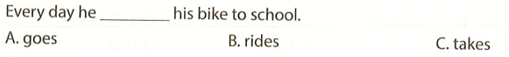 Every day he his bike to school A. goes B. rides C. takes (ảnh 1)