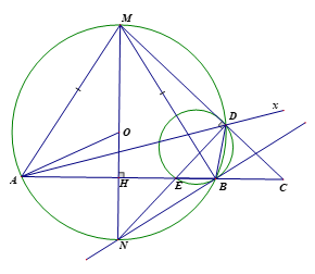 Cho tam giác AMB cân tại nội tiếp đường tròn (O;R). Kẻ MH vuông góc với  AB (ảnh 1)