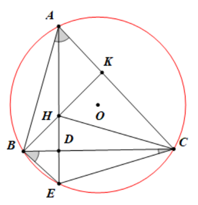Cho tam giác ABC nhọn nội tiếp đường tròn (O), AB < AC. Các đường cao AD và BK cắt nhau tại H  (ảnh 1)