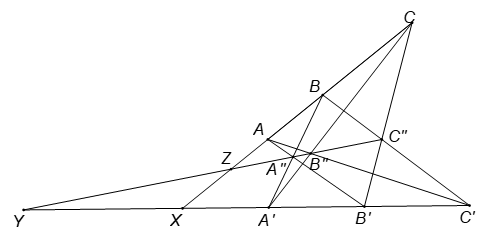 Cho hai bộ ba điểm thẳng hàng A, B, C; A', B', C'. Gọi giao điểm của AB' và A'B là A''; AC' và A'C là B''; (ảnh 1)