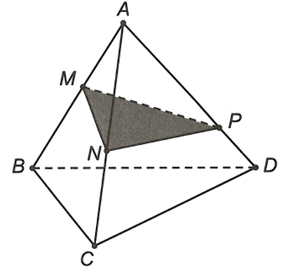 Cho tứ diện ABCD và ba điểm M, N, P lần lượt nằm trên các cạnh AB, AC, AD (không trùng với các đỉnh).  (ảnh 1)