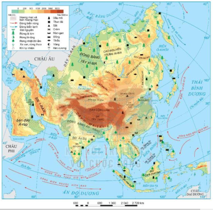 Đọc thông tin trong mục a và quan sát hình 1, hãy Xác định trên bản đồ các khu vực địa hình của châu Á (ảnh 1)