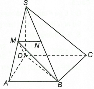 Cho hình chóp S.ABCD có đáy ABCD là hình thang, đáy lớn là CD. Gọi M là trung điểm của SA, N là giao điểm của cạnh SB và mặt phẳng (MCD). (ảnh 1)