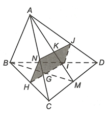 Cho tứ diện ABCD, điểm G là trọng tâm tam giác BCD. Mặt phẳng   qua G, song song với AB và CD. (ảnh 1)