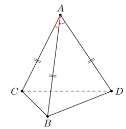 Cho tứ diện ABCD có AB=AC=ADvà góc BAC =góc BAD =60 độ . Hãy xác định góc giữa cặp  vectơ AB và CD (ảnh 1)