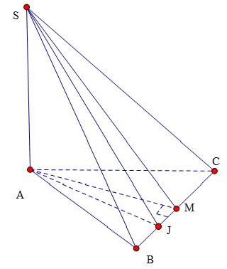 Cho hình chóp SABC có đáy là tam giác cân tại A,SA vuông góc với đáy, M  là trung điểm của BC, J  là trung điểm của BM. Khẳng định nào sau đây đúng? (ảnh 1)