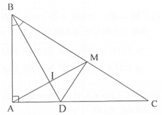 Cho tam giác ABC có góc A= 90 độ  . Kẻ tia phân giác góc  góc B cắt AC tại D. Trên cạnh BC lấy điểm M sao cho BM=BA  (ảnh 1)