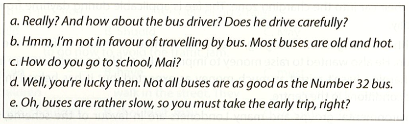 Complete the conversation Kim: (1) Mai: I catch the Number 32 bus. It's only 200 metres (ảnh 1)