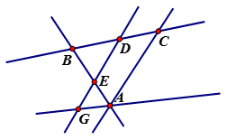 Xem hình bên và gọi tên:  a) Tất cả các bộ ba đểm thẳng hàng (ảnh 1)