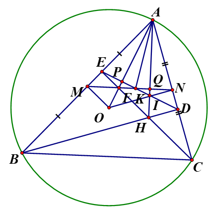 Cho tam giác ABC (AB > AC) nội tiếp đường tròn tâm O. Các đường cao BD và CE cắt nhau tại H (ảnh 1)