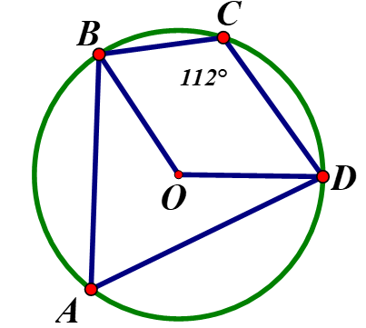 Cho tứ giác ABCD nội tiếp đường tròn (O) và góc BCD = 112 độ . Số đo của góc BOD bằng:   (ảnh 1)
