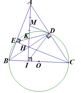Cho tam giác nhọn ABC(AB<AC). Đường tròn tâm (O) đường kính BC cắt AC, AB lần lượt tại D và E. (ảnh 1)