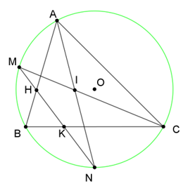 Cho đường tròn (O) ngoại tiếp tam giác nhọn ABC. Gọi M và N lần lượt là điểm chính giữa của cung nhỏ AB (ảnh 1)