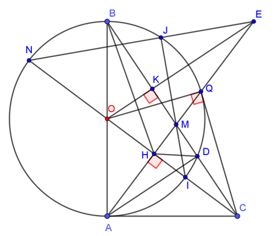 Cho tam giác ABC vuông tại A. Đường tròn tâm O đường kính AB cắt các đoạn BC và OC lần lượt tại D và I gọi H là hình chiếu vuông góc của A lên OC; AH cắt BC tại M. (ảnh 1)